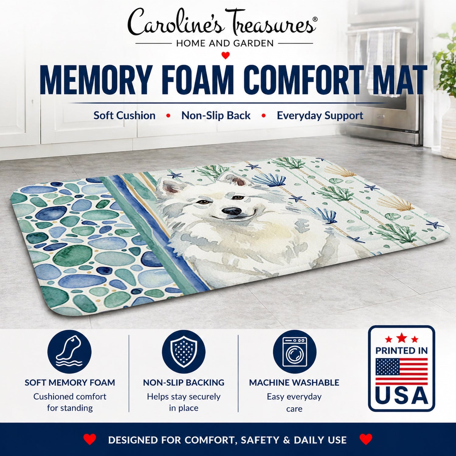 American Eskimo Coastal Sea Glass Memory Foam Kitchen Mat Machine Washable Anti-Fatigue Cushion Comfort Bath or Kitchen Rug