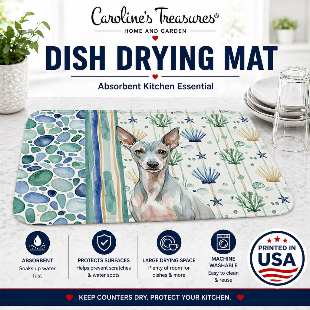 American Hairless Terrier Coastal Sea Glass Dish Drying Mat Absorbent Dish Drying Mat Pad for Kitchen Counter Dish Drainer Mat for Countertop, 14 x 21", Multicolor