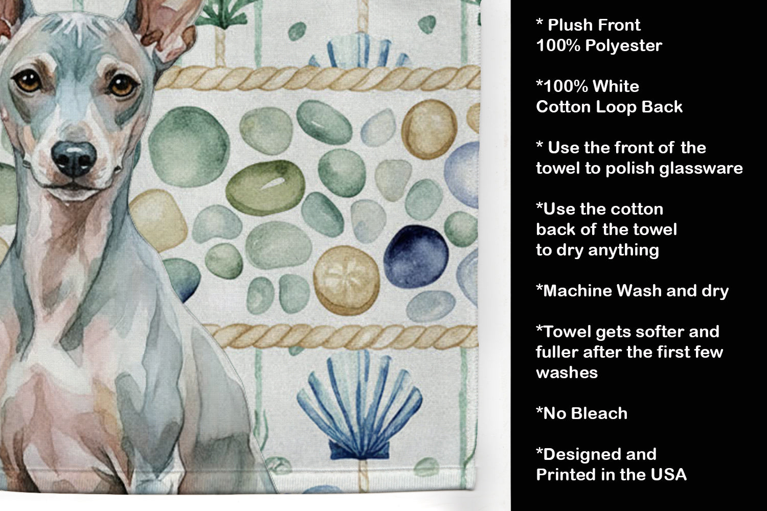 American Hairless Terrier Coastal Sea Glass Kitchen Towel Velour Plush Front and Cotton Loop Back Machine Washable