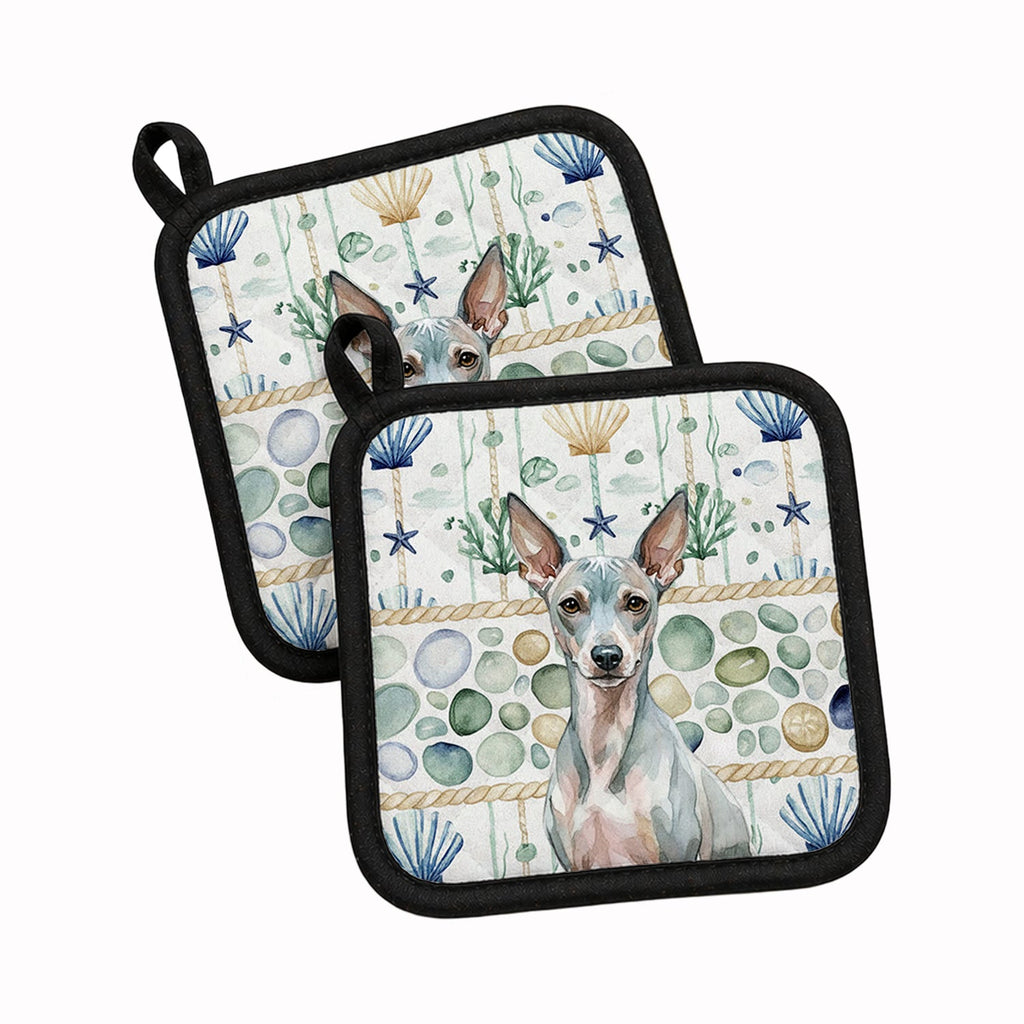American Hairless Terrier Coastal Sea Glass Pot Holder Set of 2 Heat Resistant Quilted Hot Pads 7.5 x 7.5 Inch, Insulated Kitchen Trivets for Cooking & Baking