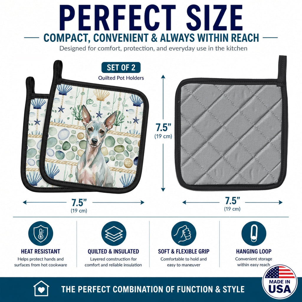 American Hairless Terrier Coastal Sea Glass Pot Holder Set of 2 Heat Resistant Quilted Hot Pads 7.5 x 7.5 Inch, Insulated Kitchen Trivets for Cooking & Baking