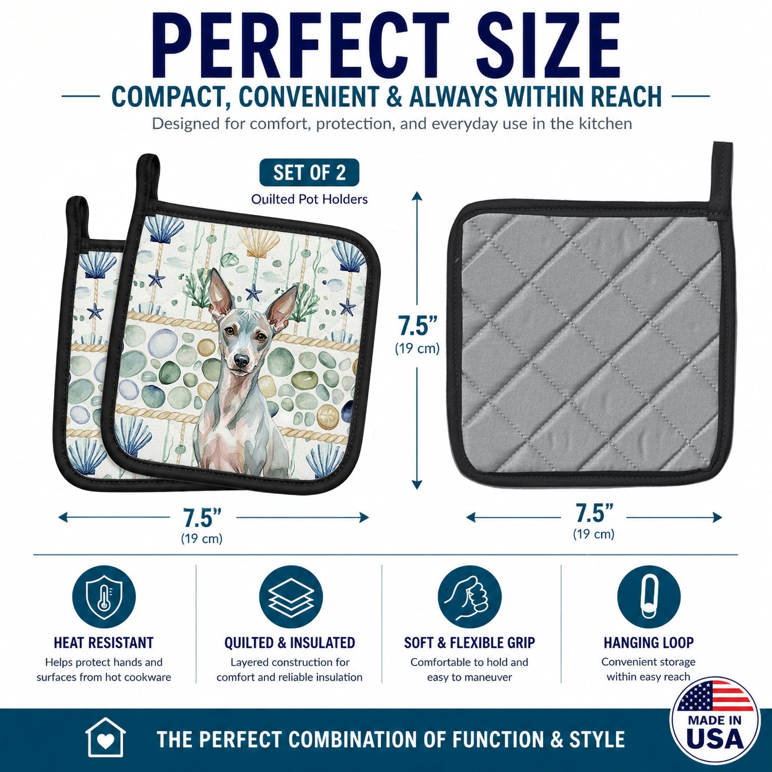 American Hairless Terrier Coastal Sea Glass Pot Holder Set of 2 Heat Resistant Quilted Hot Pads 7.5 x 7.5 Inch, Insulated Kitchen Trivets for Cooking & Baking