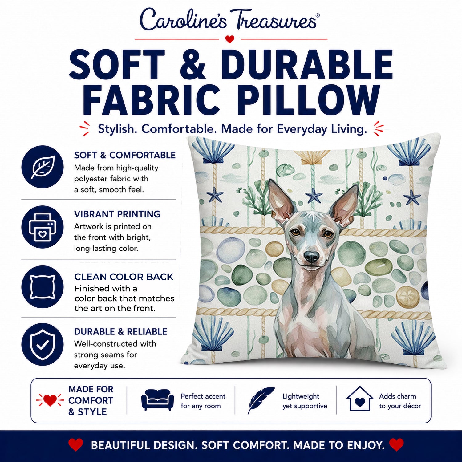 American Hairless Terrier Coastal Sea Glass Decorative Throw Pillow 14x14 Indoor Outdoor Accent Cushion, Fabric Cover with Insert for Sofa, Bed, Porch & Living Room