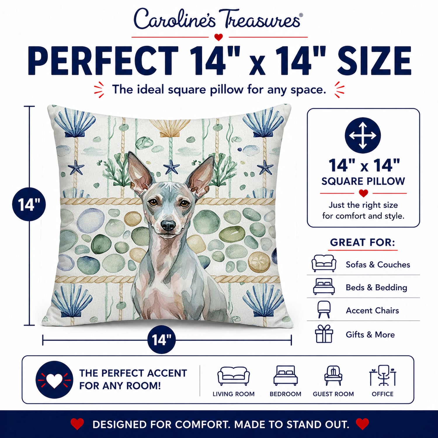 American Hairless Terrier Coastal Sea Glass Decorative Throw Pillow 14x14 Indoor Outdoor Accent Cushion, Fabric Cover with Insert for Sofa, Bed, Porch & Living Room