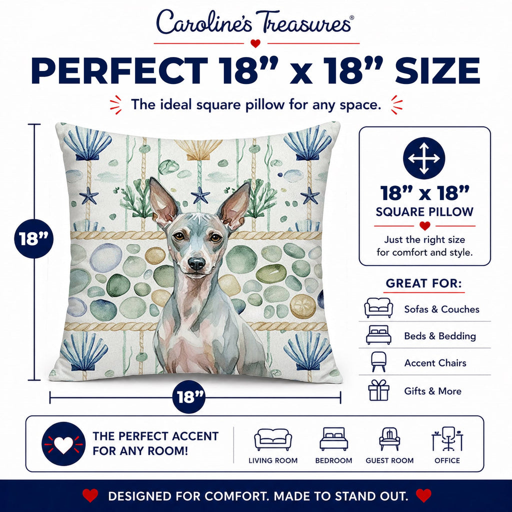 American Hairless Terrier Coastal Sea Glass Decorative Throw Pillow 18x18 Indoor Outdoor Accent Cushion, Fabric Cover with Insert for Sofa, Bed, Porch & Living Room