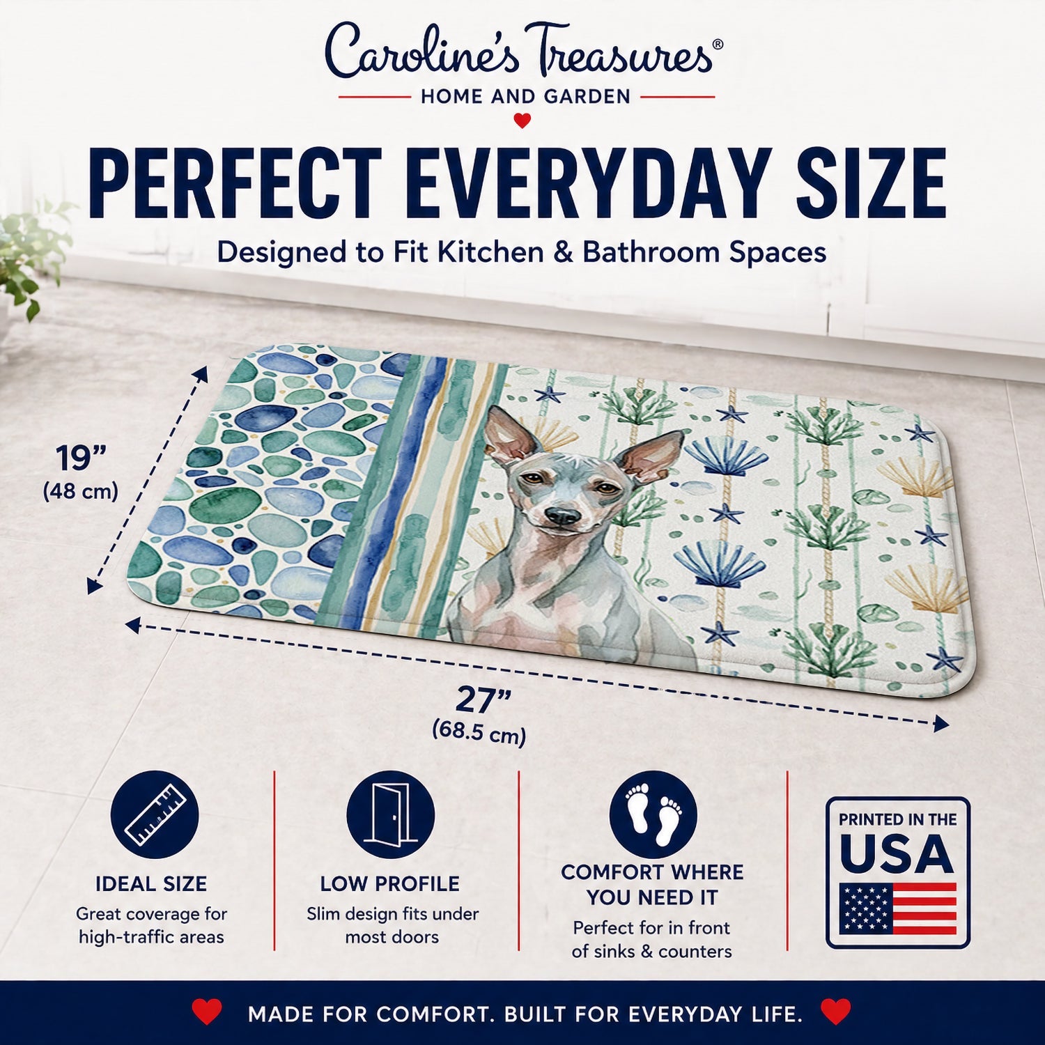 American Hairless Terrier Coastal Sea Glass Memory Foam Kitchen Mat Machine Washable Anti-Fatigue Cushion Comfort Bath or Kitchen Rug