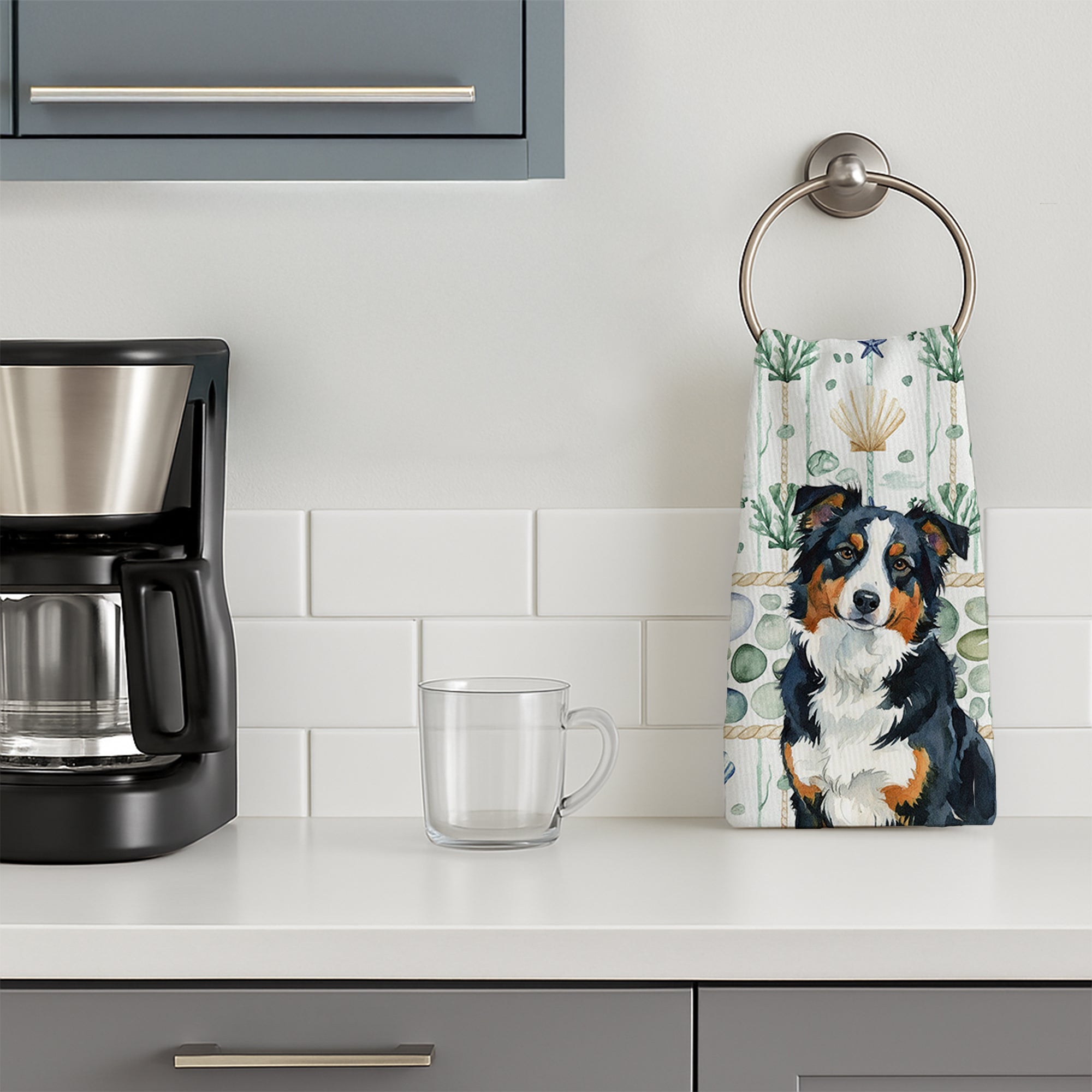 Black Tri American Shepherd Coastal Sea Glass Kitchen Towel Velour Plush Front and Cotton Loop Back Machine Washable
