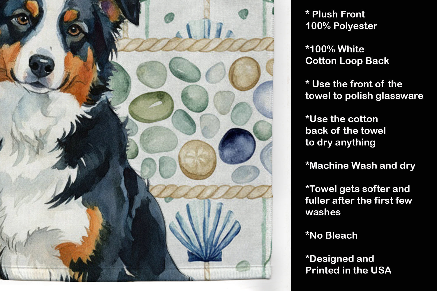 Black Tri American Shepherd Coastal Sea Glass Kitchen Towel Velour Plush Front and Cotton Loop Back Machine Washable