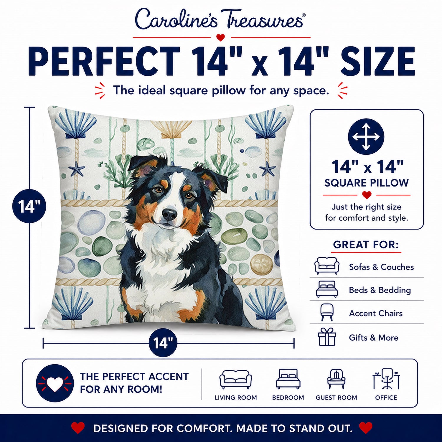 Black Tri American Shepherd Coastal Sea Glass Decorative Throw Pillow 14x14 Indoor Outdoor Accent Cushion, Fabric Cover with Insert for Sofa, Bed, Porch & Living Room