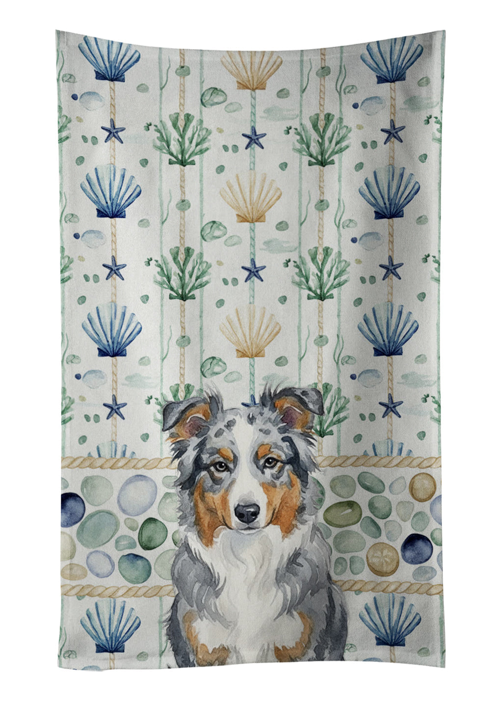 Blue Merle American Shepherd Coastal Sea Glass Kitchen Towel Velour Plush Front and Cotton Loop Back Machine Washable