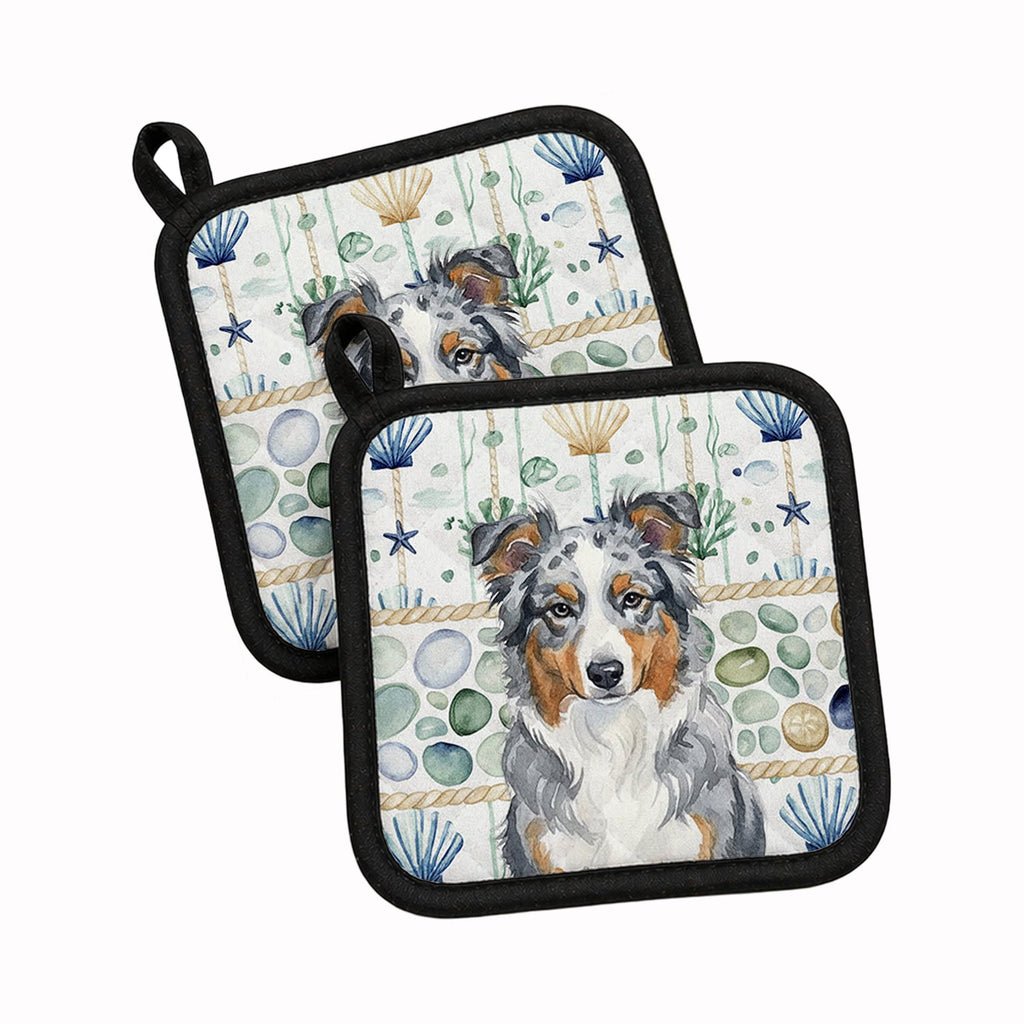 Blue Merle American Shepherd Coastal Sea Glass Pot Holder Set of 2 Heat Resistant Quilted Hot Pads 7.5 x 7.5 Inch, Insulated Kitchen Trivets for Cooking & Baking