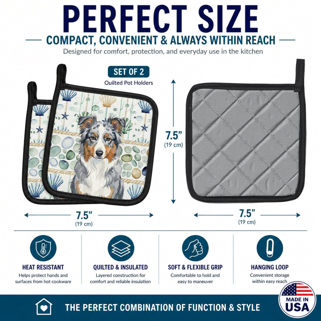 Blue Merle American Shepherd Coastal Sea Glass Pot Holder Set of 2 Heat Resistant Quilted Hot Pads 7.5 x 7.5 Inch, Insulated Kitchen Trivets for Cooking & Baking