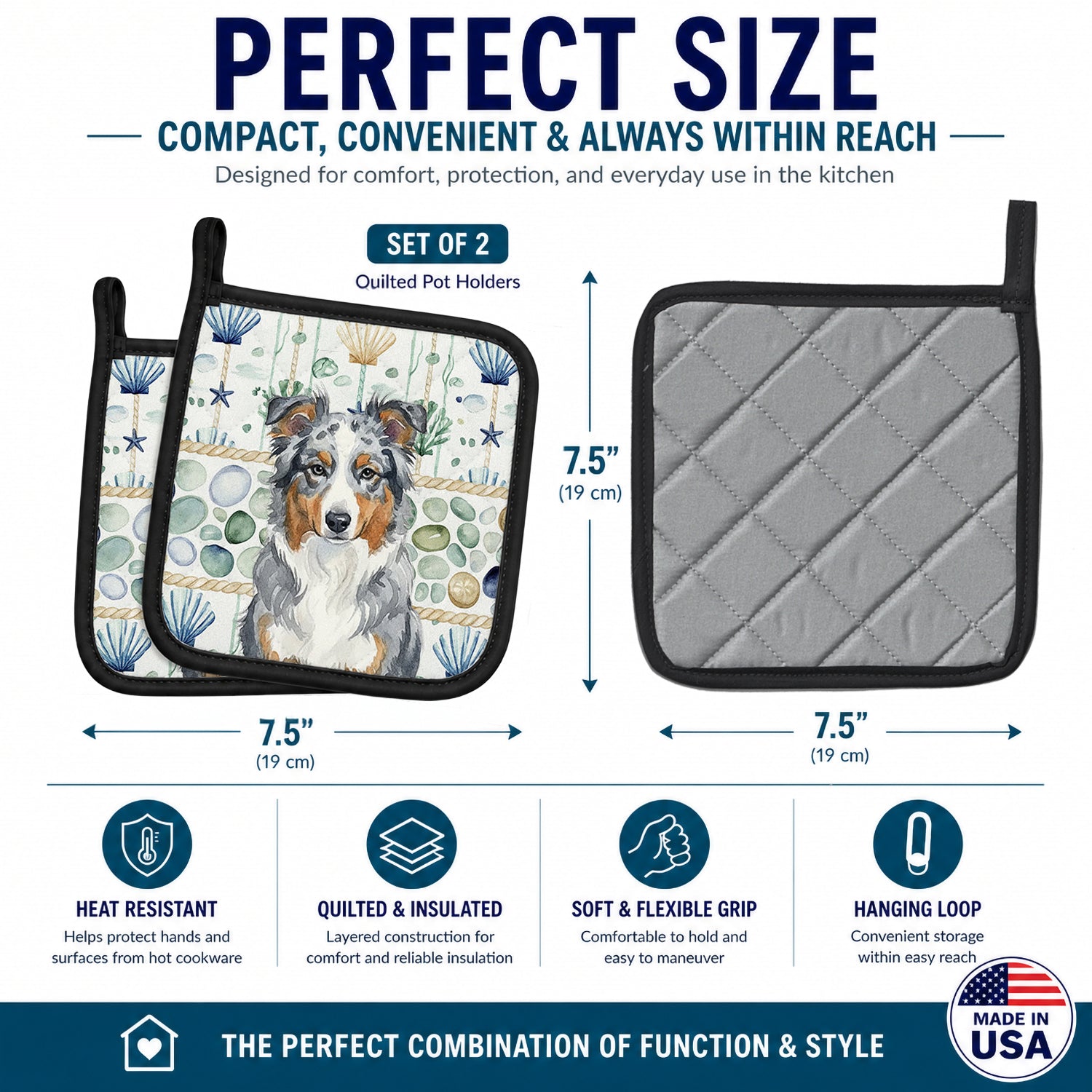 Blue Merle American Shepherd Coastal Sea Glass Pot Holder Set of 2 Heat Resistant Quilted Hot Pads 7.5 x 7.5 Inch, Insulated Kitchen Trivets for Cooking & Baking