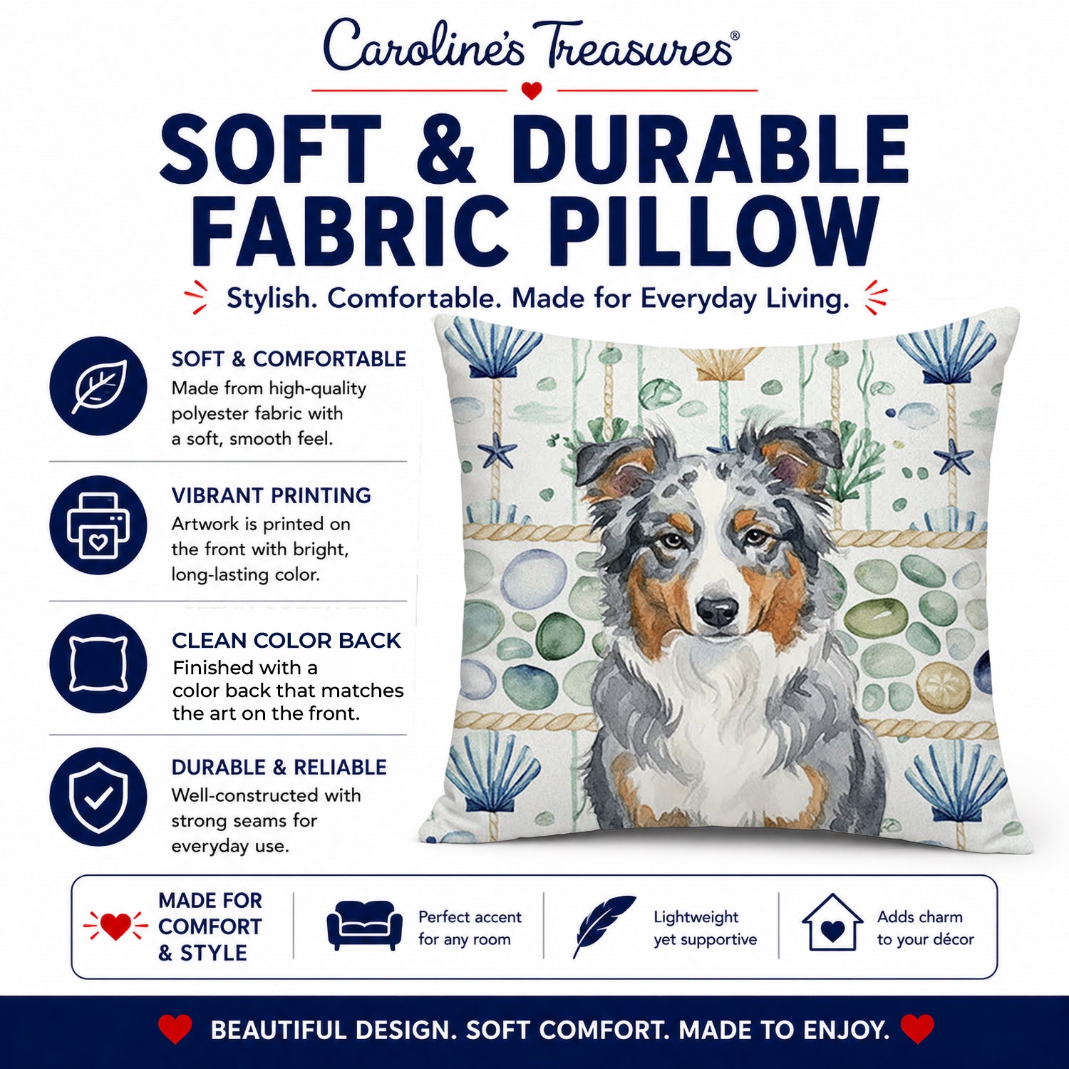 Blue Merle American Shepherd Coastal Sea Glass Decorative Throw Pillow 14x14 Indoor Outdoor Accent Cushion, Fabric Cover with Insert for Sofa, Bed, Porch & Living Room