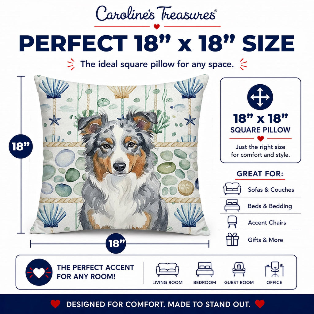 Blue Merle American Shepherd Coastal Sea Glass Decorative Throw Pillow 18x18 Indoor Outdoor Accent Cushion, Fabric Cover with Insert for Sofa, Bed, Porch & Living Room