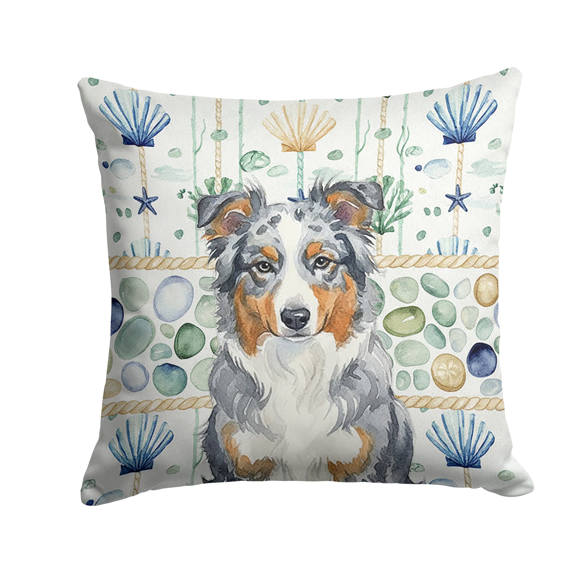Blue Merle American Shepherd Coastal Sea Glass Decorative Throw Pillow 18x18 Indoor Outdoor Accent Cushion, Fabric Cover with Insert for Sofa, Bed, Porch & Living Room