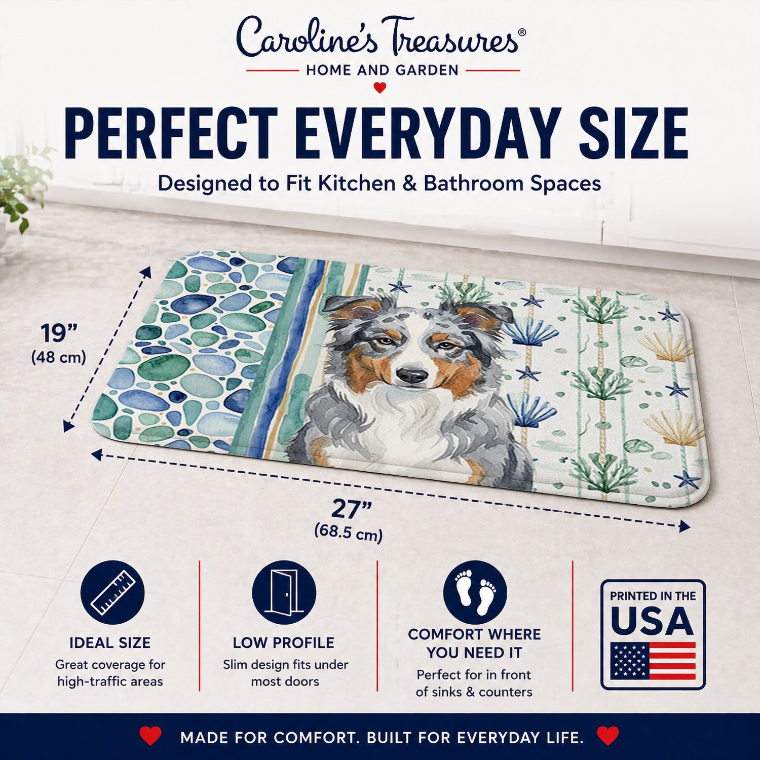 Blue Merle American Shepherd Coastal Sea Glass Memory Foam Kitchen Mat Machine Washable Anti-Fatigue Cushion Comfort Bath or Kitchen Rug