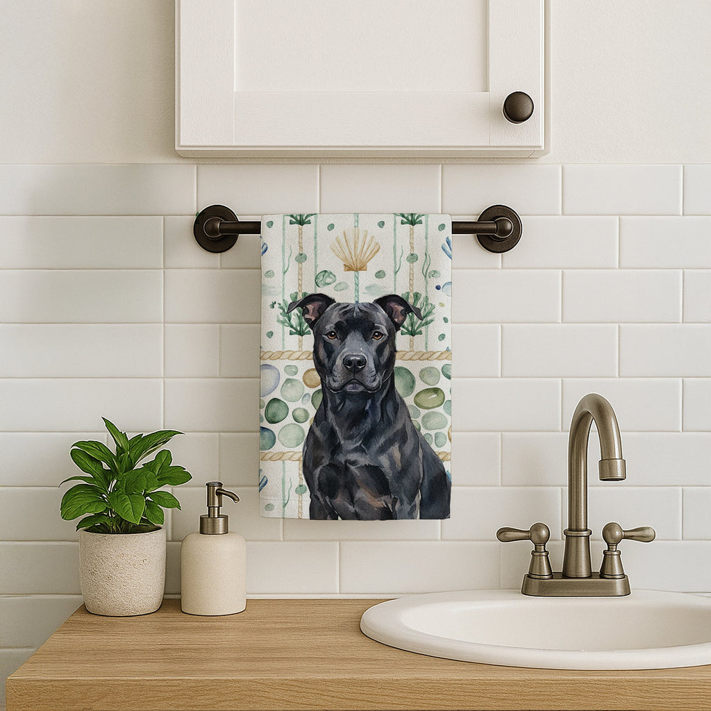 Black American Staffordshire Terrier Coastal Sea Glass Kitchen Towel Velour Plush Front and Cotton Loop Back Machine Washable