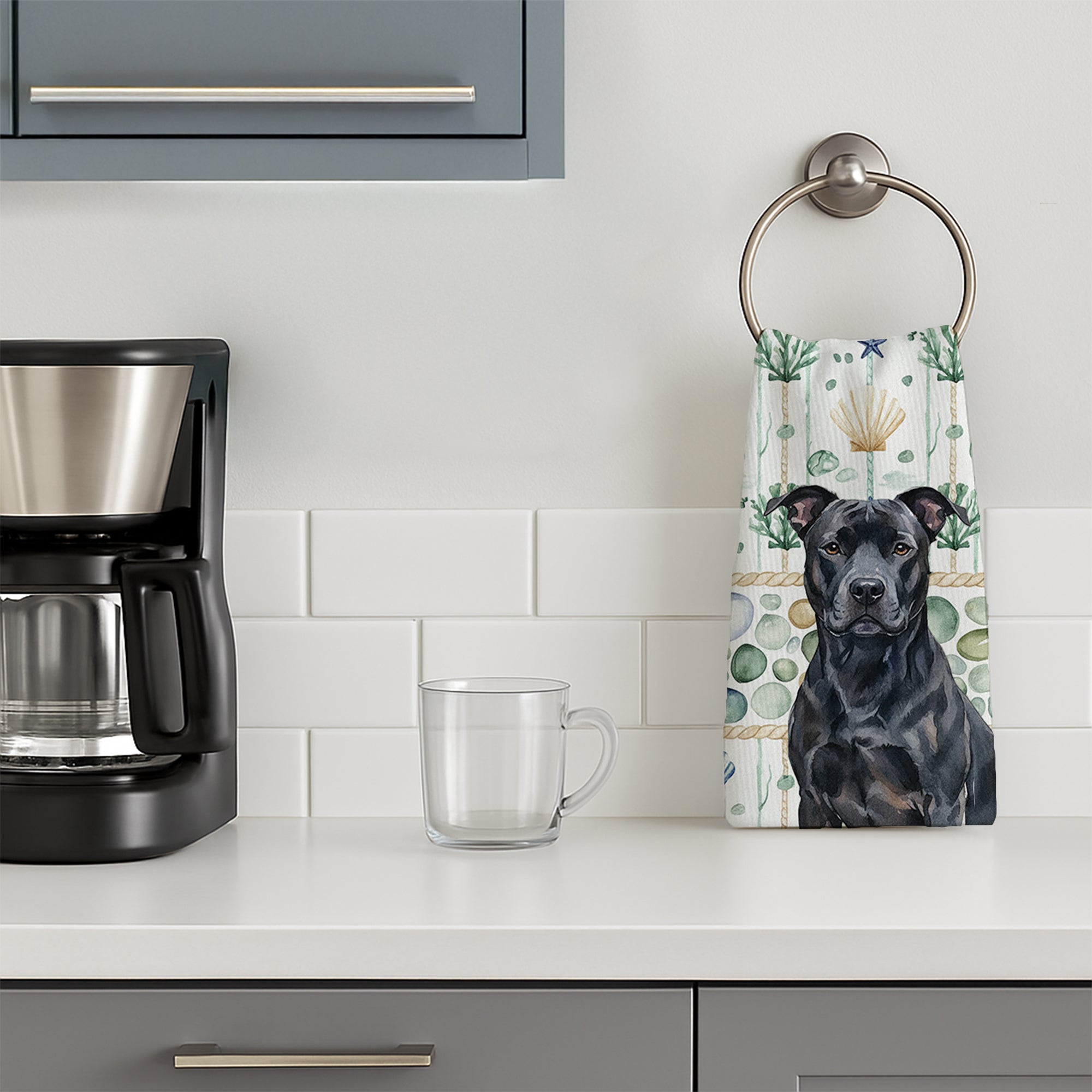Black American Staffordshire Terrier Coastal Sea Glass Kitchen Towel Velour Plush Front and Cotton Loop Back Machine Washable