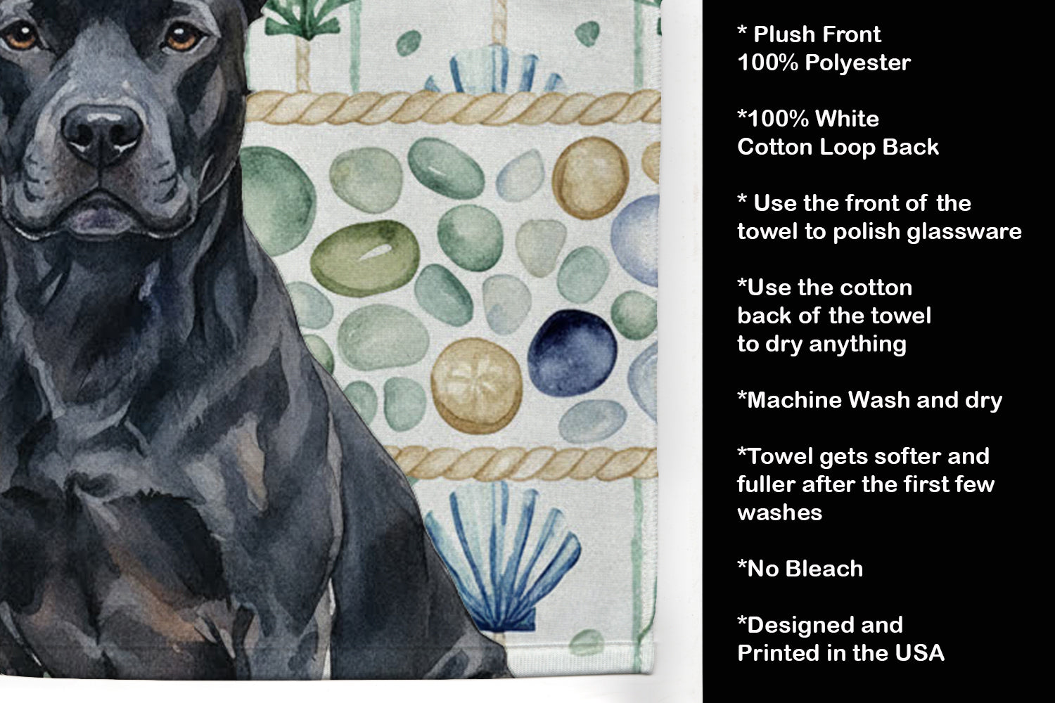 Black American Staffordshire Terrier Coastal Sea Glass Kitchen Towel Velour Plush Front and Cotton Loop Back Machine Washable