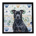 Black American Staffordshire Terrier Coastal Sea Glass Framed Metal Print Bathroom, Kitchen, Office, Home Decor Wall Art Ready to Hang, Square, 8X8