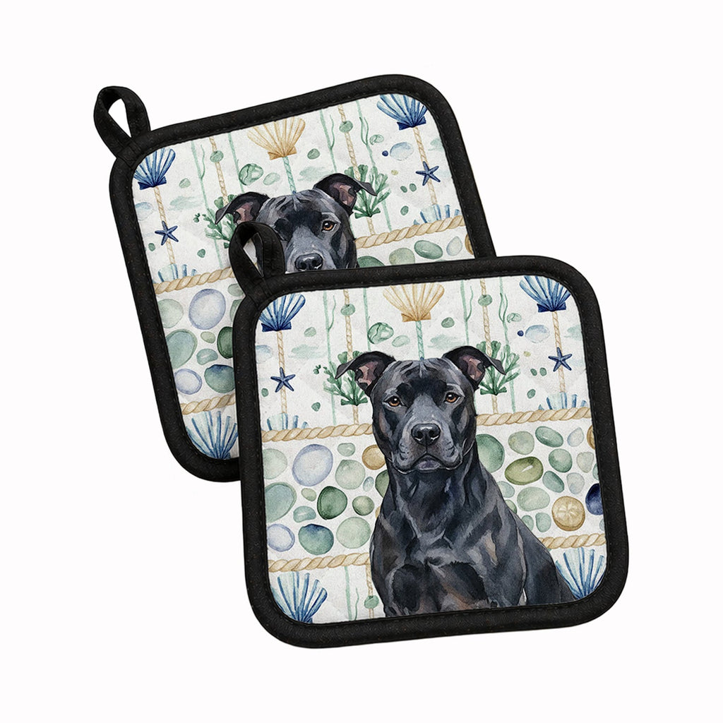 Black American Staffordshire Terrier Coastal Sea Glass Pot Holder Set of 2 Heat Resistant Quilted Hot Pads 7.5 x 7.5 Inch, Insulated Kitchen Trivets for Cooking & Baking