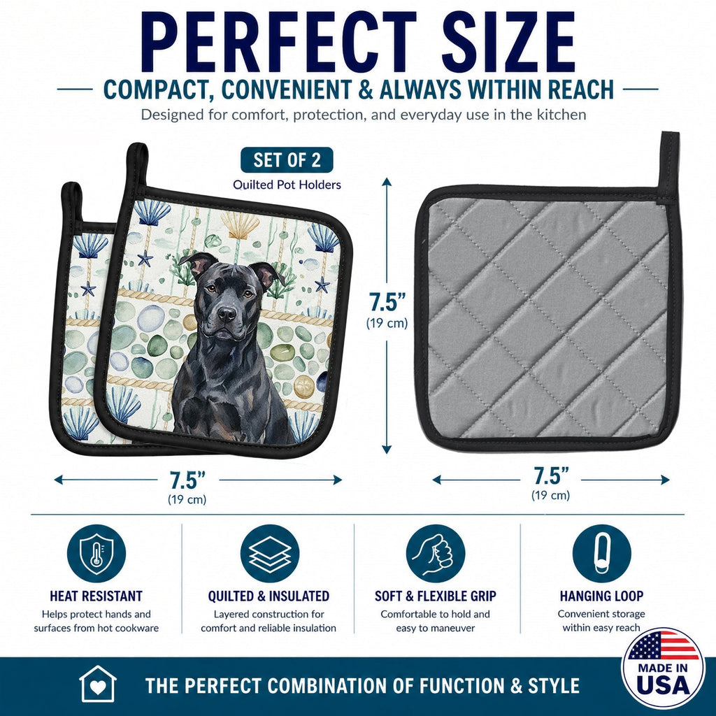 Black American Staffordshire Terrier Coastal Sea Glass Pot Holder Set of 2 Heat Resistant Quilted Hot Pads 7.5 x 7.5 Inch, Insulated Kitchen Trivets for Cooking & Baking