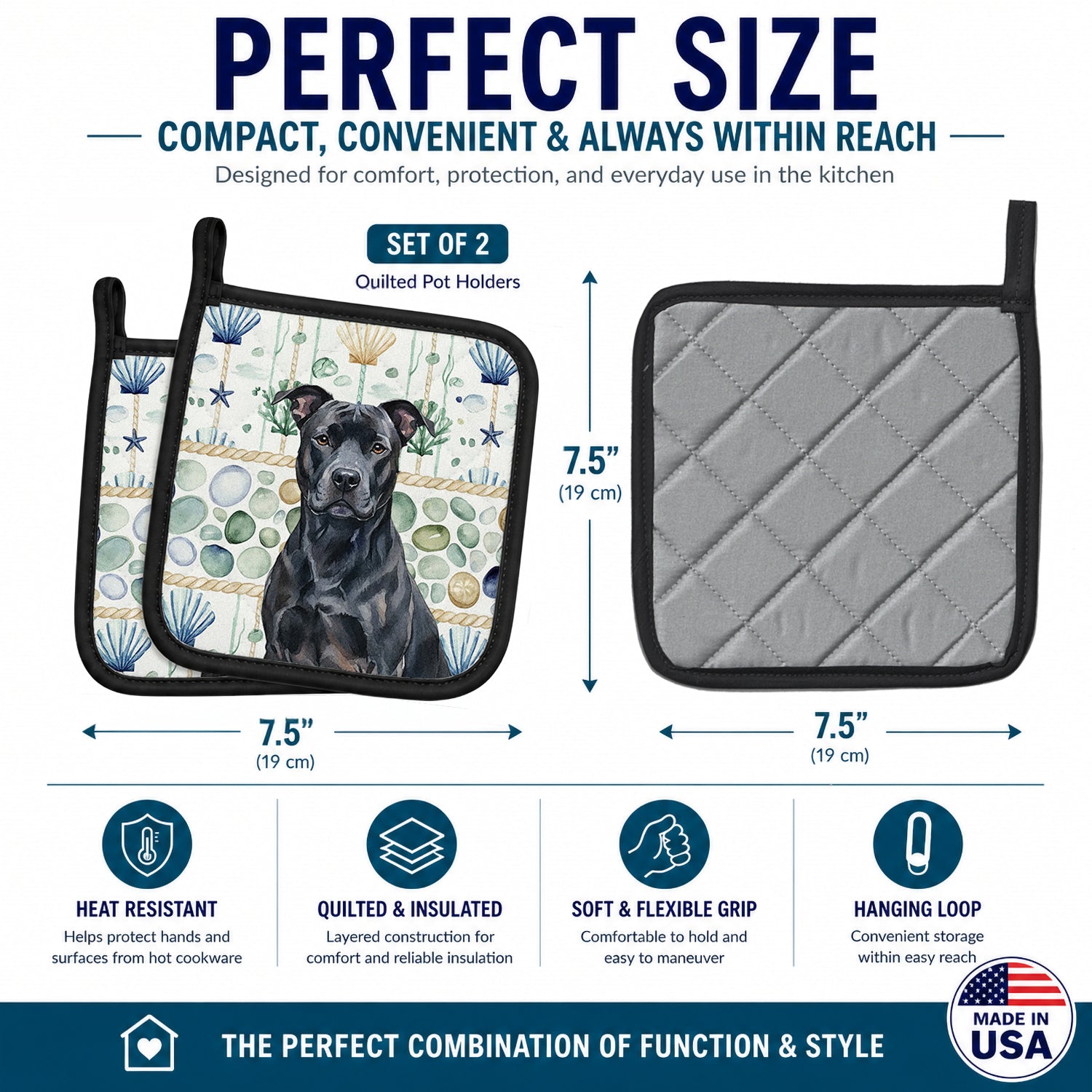 Black American Staffordshire Terrier Coastal Sea Glass Pot Holder Set of 2 Heat Resistant Quilted Hot Pads 7.5 x 7.5 Inch, Insulated Kitchen Trivets for Cooking & Baking