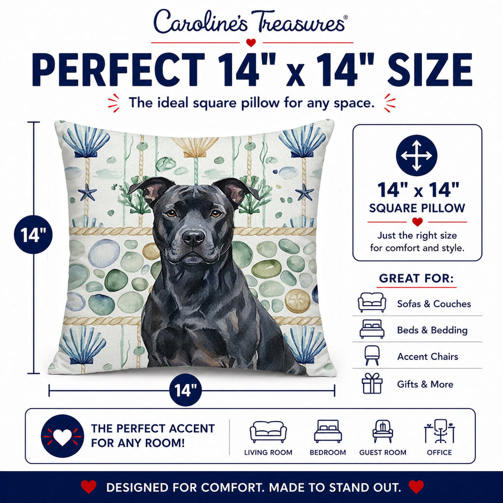 Black American Staffordshire Terrier Coastal Sea Glass Decorative Throw Pillow 14x14 Indoor Outdoor Accent Cushion, Fabric Cover with Insert for Sofa, Bed, Porch & Living Room