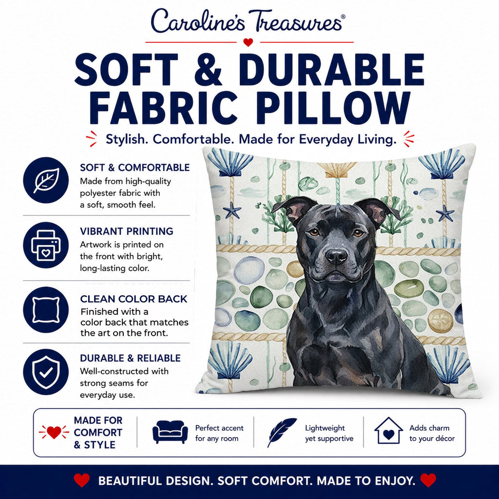 Black American Staffordshire Terrier Coastal Sea Glass Decorative Throw Pillow 18x18 Indoor Outdoor Accent Cushion, Fabric Cover with Insert for Sofa, Bed, Porch & Living Room