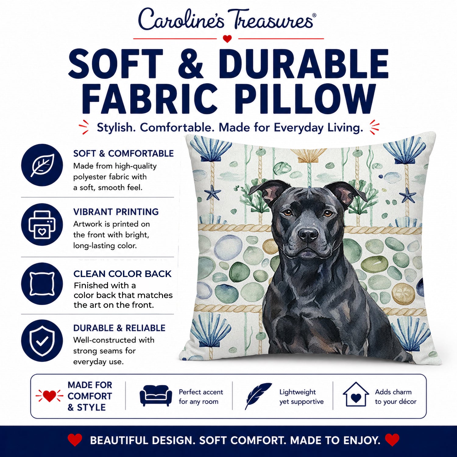 Black American Staffordshire Terrier Coastal Sea Glass Decorative Throw Pillow 18x18 Indoor Outdoor Accent Cushion, Fabric Cover with Insert for Sofa, Bed, Porch & Living Room