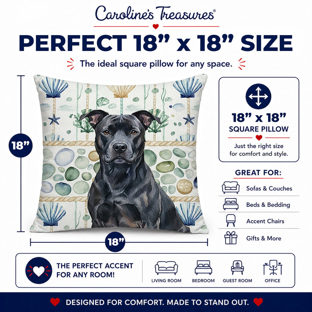 Black American Staffordshire Terrier Coastal Sea Glass Decorative Throw Pillow 18x18 Indoor Outdoor Accent Cushion, Fabric Cover with Insert for Sofa, Bed, Porch & Living Room