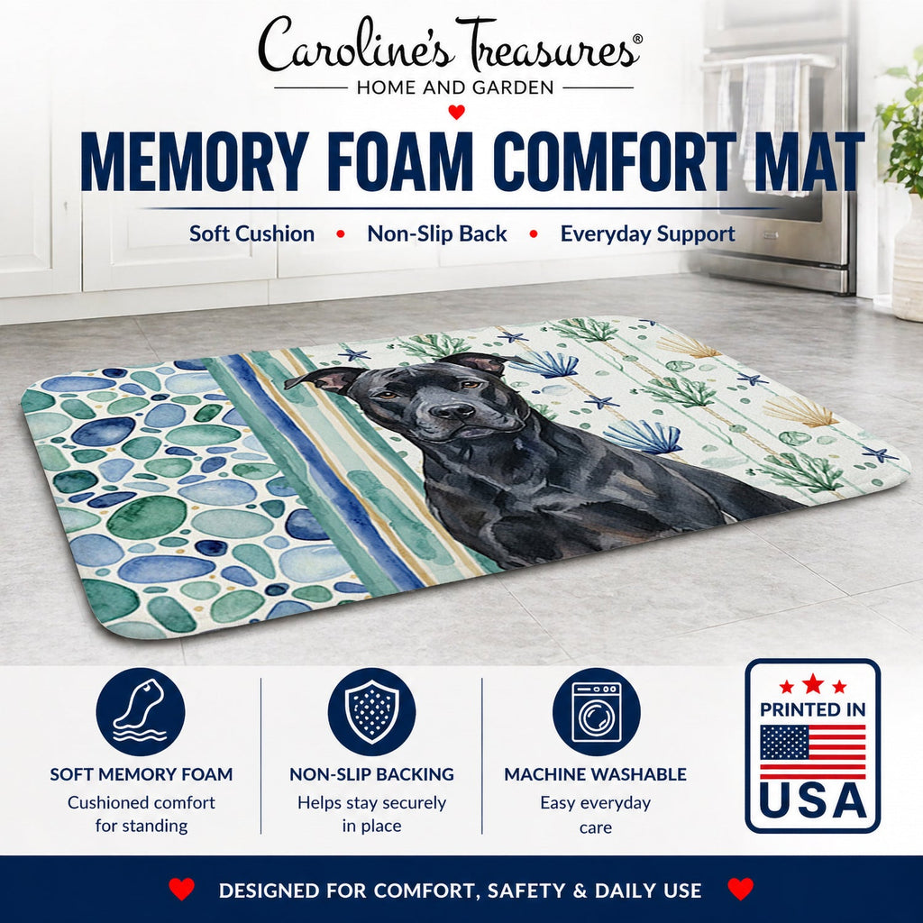 Black American Staffordshire Terrier Coastal Sea Glass Memory Foam Kitchen Mat Machine Washable Anti-Fatigue Cushion Comfort Bath or Kitchen Rug