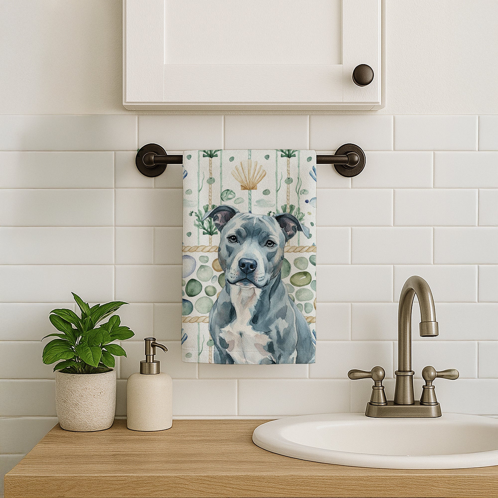 Blue American Staffordshire Terrier Coastal Sea Glass Kitchen Towel Velour Plush Front and Cotton Loop Back Machine Washable