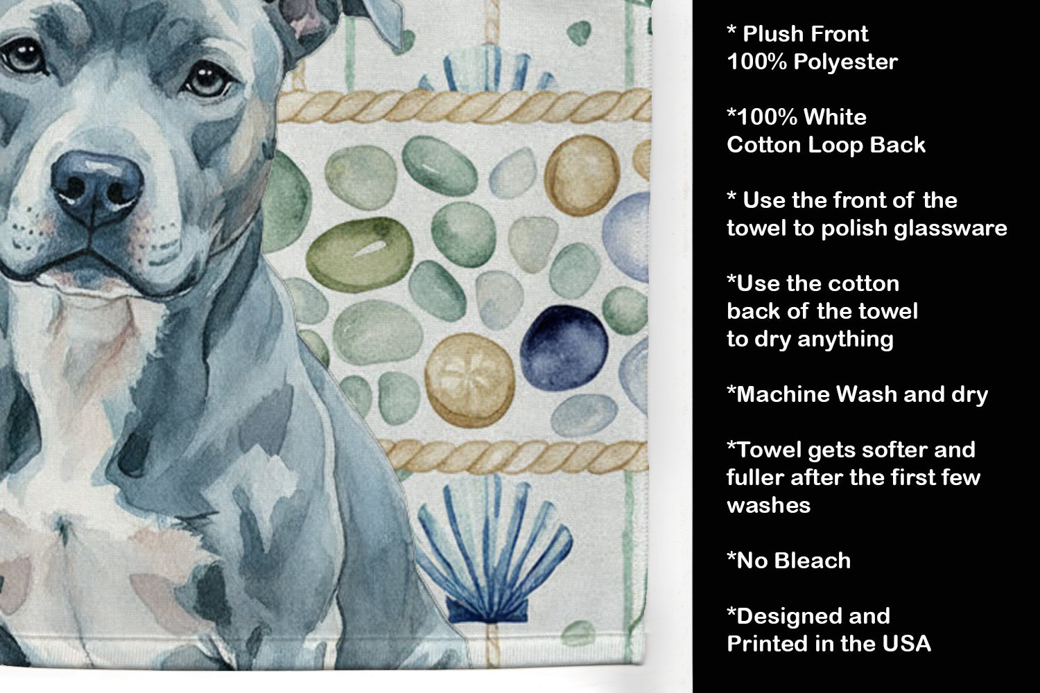Blue American Staffordshire Terrier Coastal Sea Glass Kitchen Towel Velour Plush Front and Cotton Loop Back Machine Washable