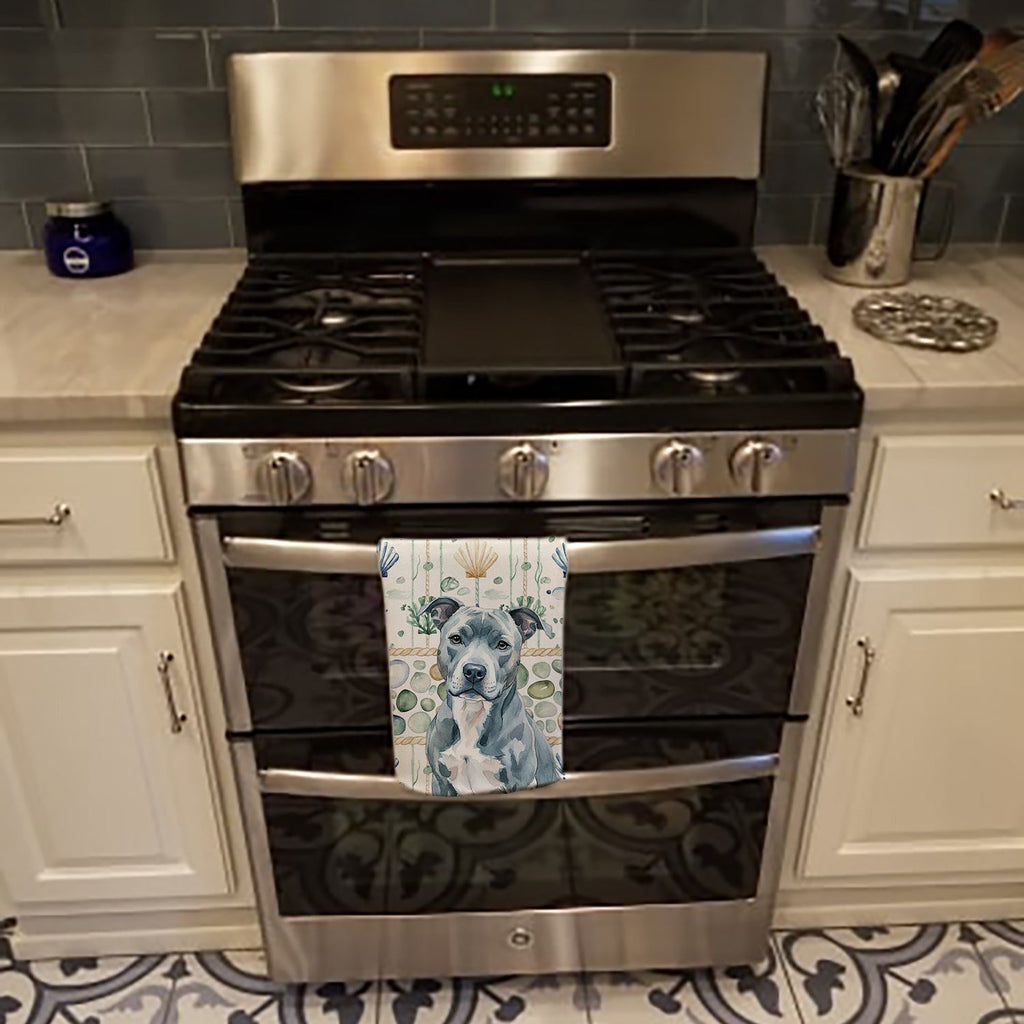 Blue American Staffordshire Terrier Coastal Sea Glass Kitchen Towel Velour Plush Front and Cotton Loop Back Machine Washable