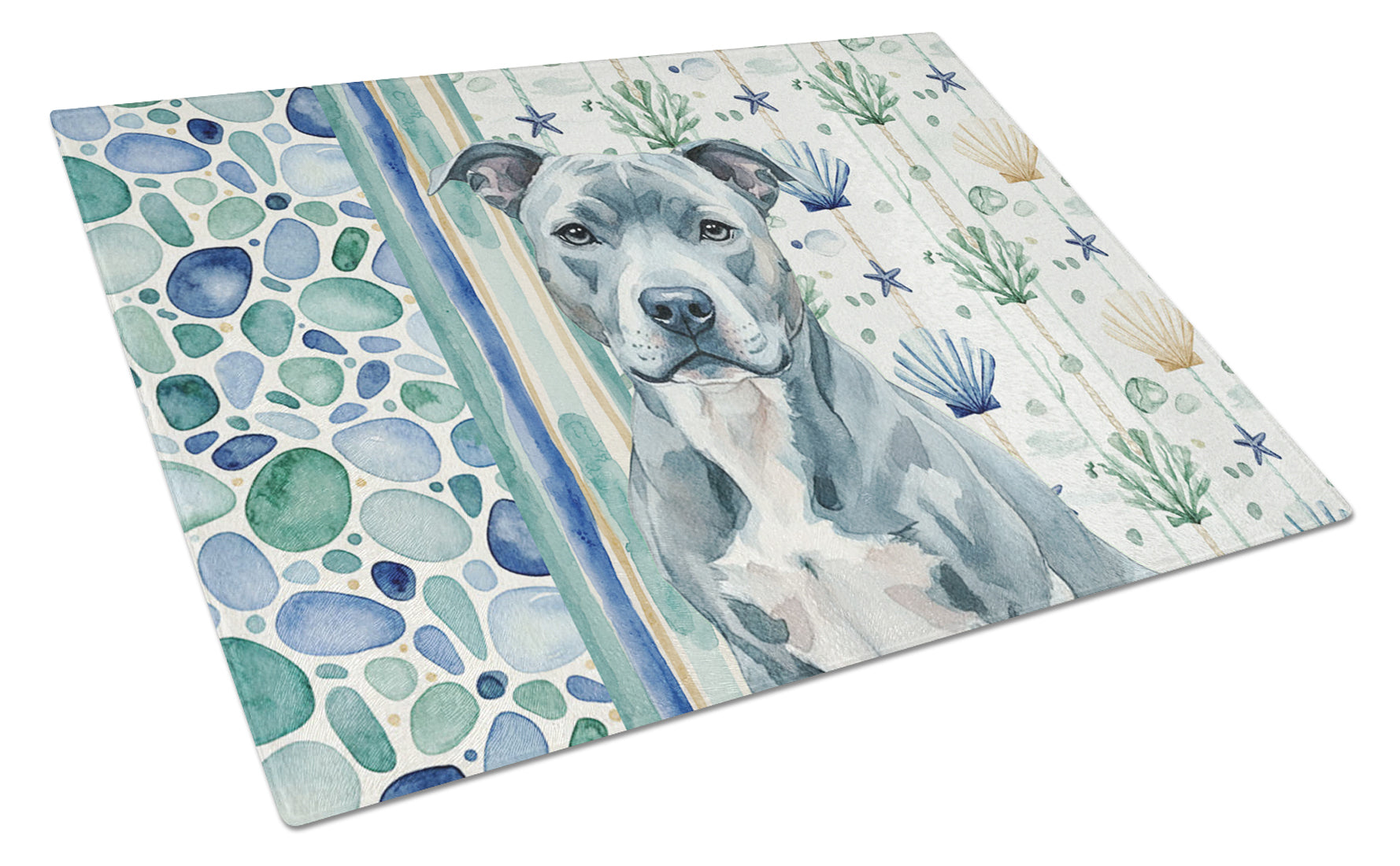 Blue American Staffordshire Terrier Coastal Sea Glass Cutting Board Tempered Glass Kitchen Cutting Surface, Heat Resistant Chopping, Non-Slip Feet, Food Prep & Serving