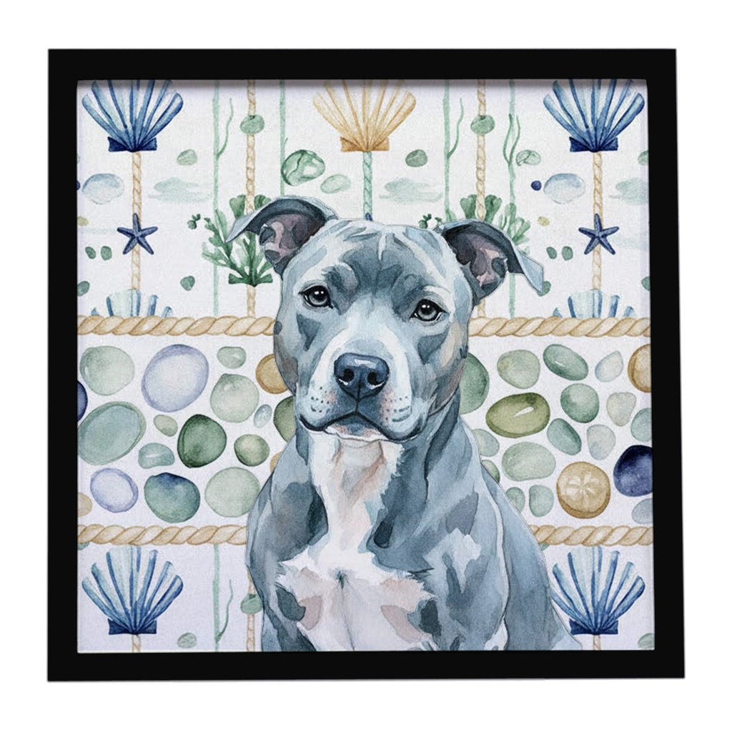 Blue American Staffordshire Terrier Coastal Sea Glass Framed Metal Print Bathroom, Kitchen, Office, Home Decor Wall Art Ready to Hang, Square, 8X8