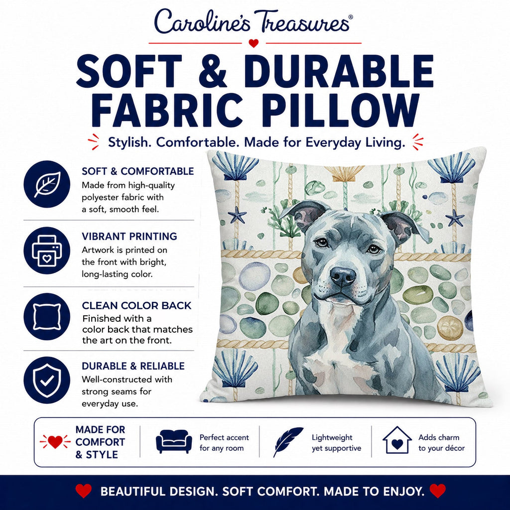Blue American Staffordshire Terrier Coastal Sea Glass Decorative Throw Pillow 14x14 Indoor Outdoor Accent Cushion, Fabric Cover with Insert for Sofa, Bed, Porch & Living Room