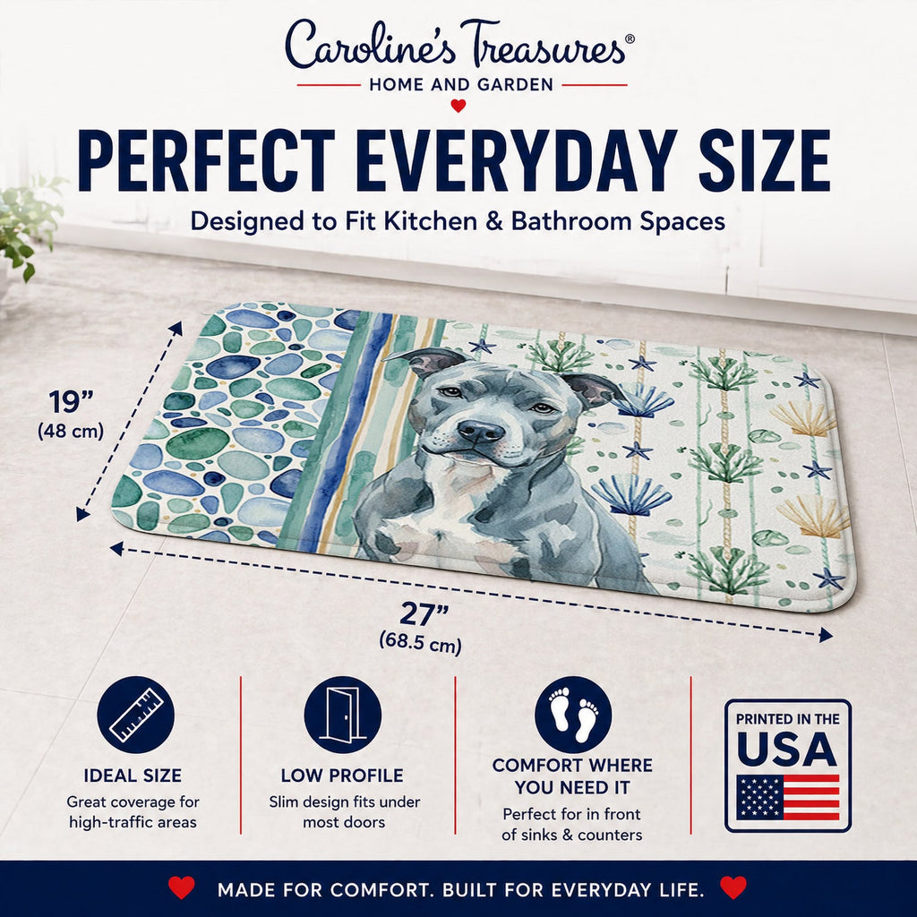 Blue American Staffordshire Terrier Coastal Sea Glass Memory Foam Kitchen Mat Machine Washable Anti-Fatigue Cushion Comfort Bath or Kitchen Rug