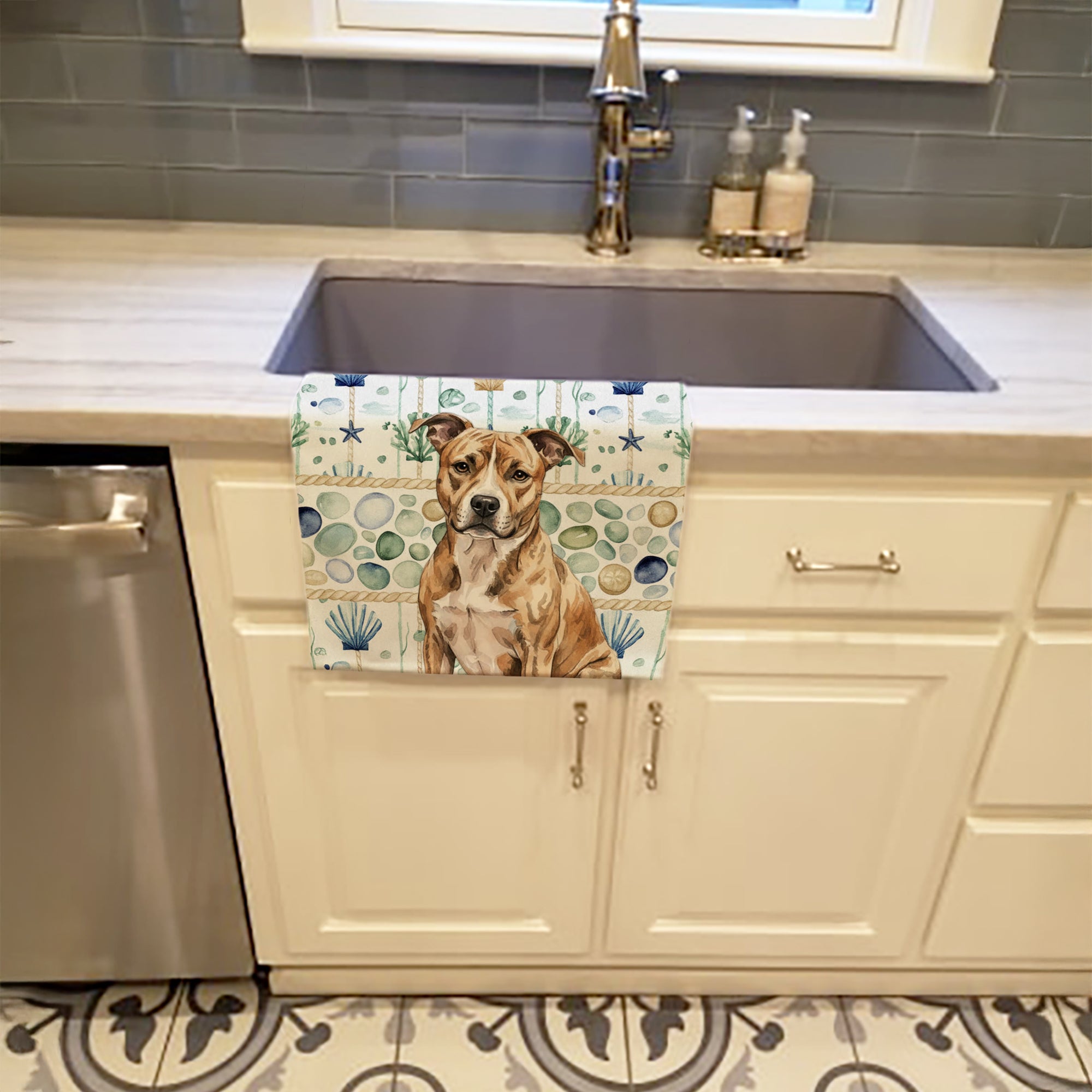 Brindle American Staffordshire Terrier Coastal Sea Glass Kitchen Towel Velour Plush Front and Cotton Loop Back Machine Washable