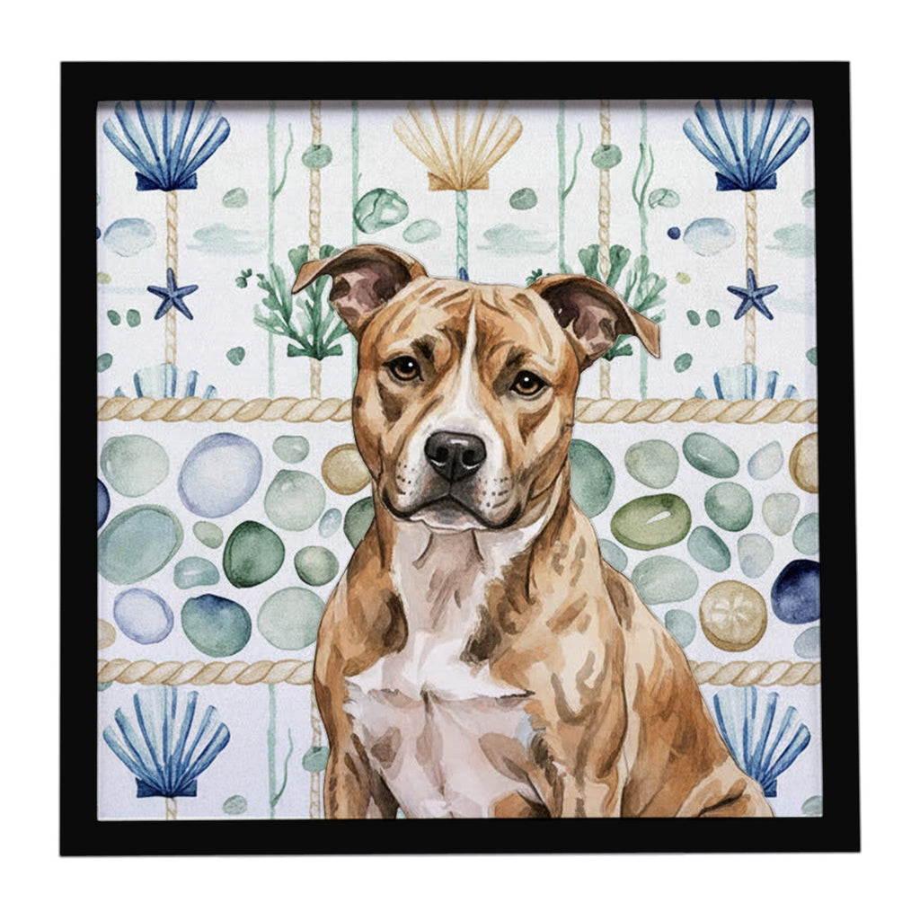 Brindle American Staffordshire Terrier Coastal Sea Glass Framed Metal Print Bathroom, Kitchen, Office, Home Decor Wall Art Ready to Hang, Square, 8X8