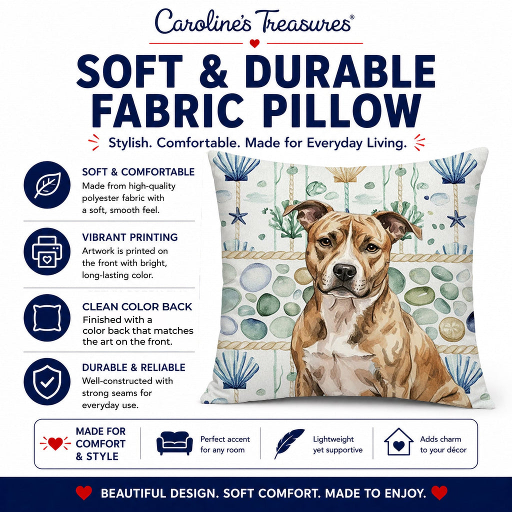Brindle American Staffordshire Terrier Coastal Sea Glass Decorative Throw Pillow 18x18 Indoor Outdoor Accent Cushion, Fabric Cover with Insert for Sofa, Bed, Porch & Living Room