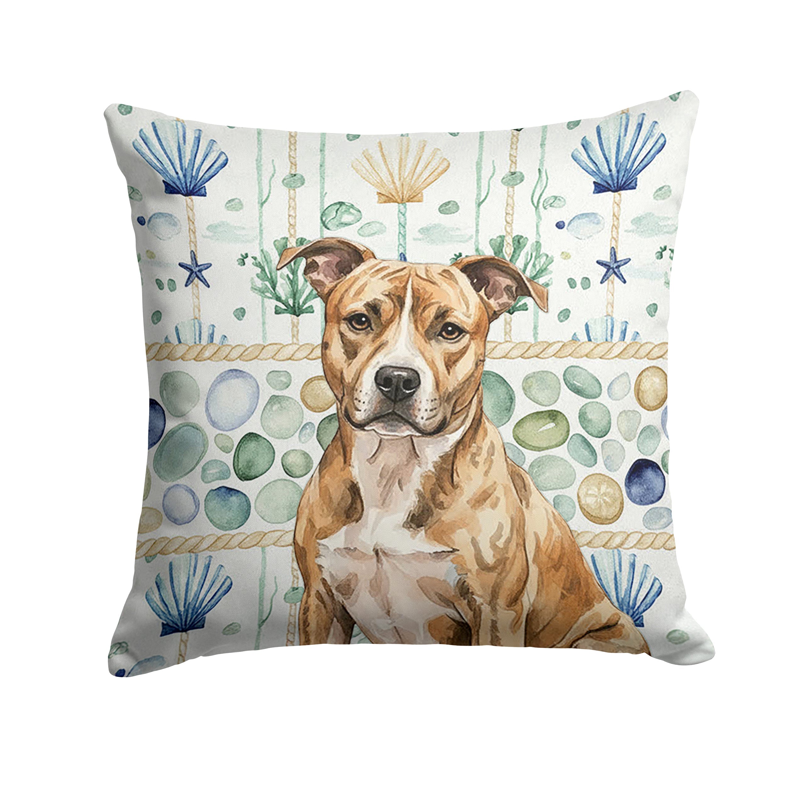 Brindle American Staffordshire Terrier Coastal Sea Glass Decorative Throw Pillow 18x18 Indoor Outdoor Accent Cushion, Fabric Cover with Insert for Sofa, Bed, Porch & Living Room