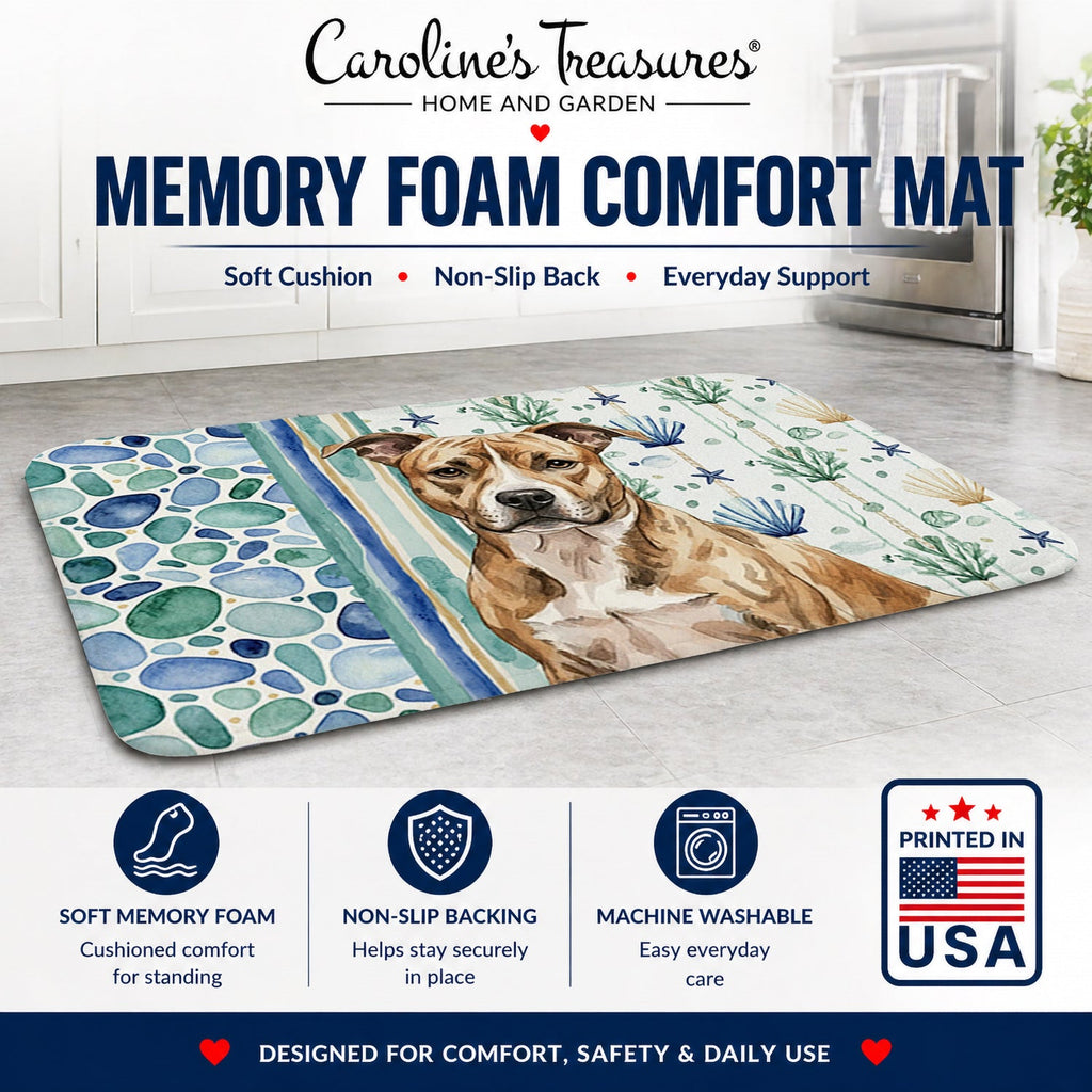 Brindle American Staffordshire Terrier Coastal Sea Glass Memory Foam Kitchen Mat Machine Washable Anti-Fatigue Cushion Comfort Bath or Kitchen Rug