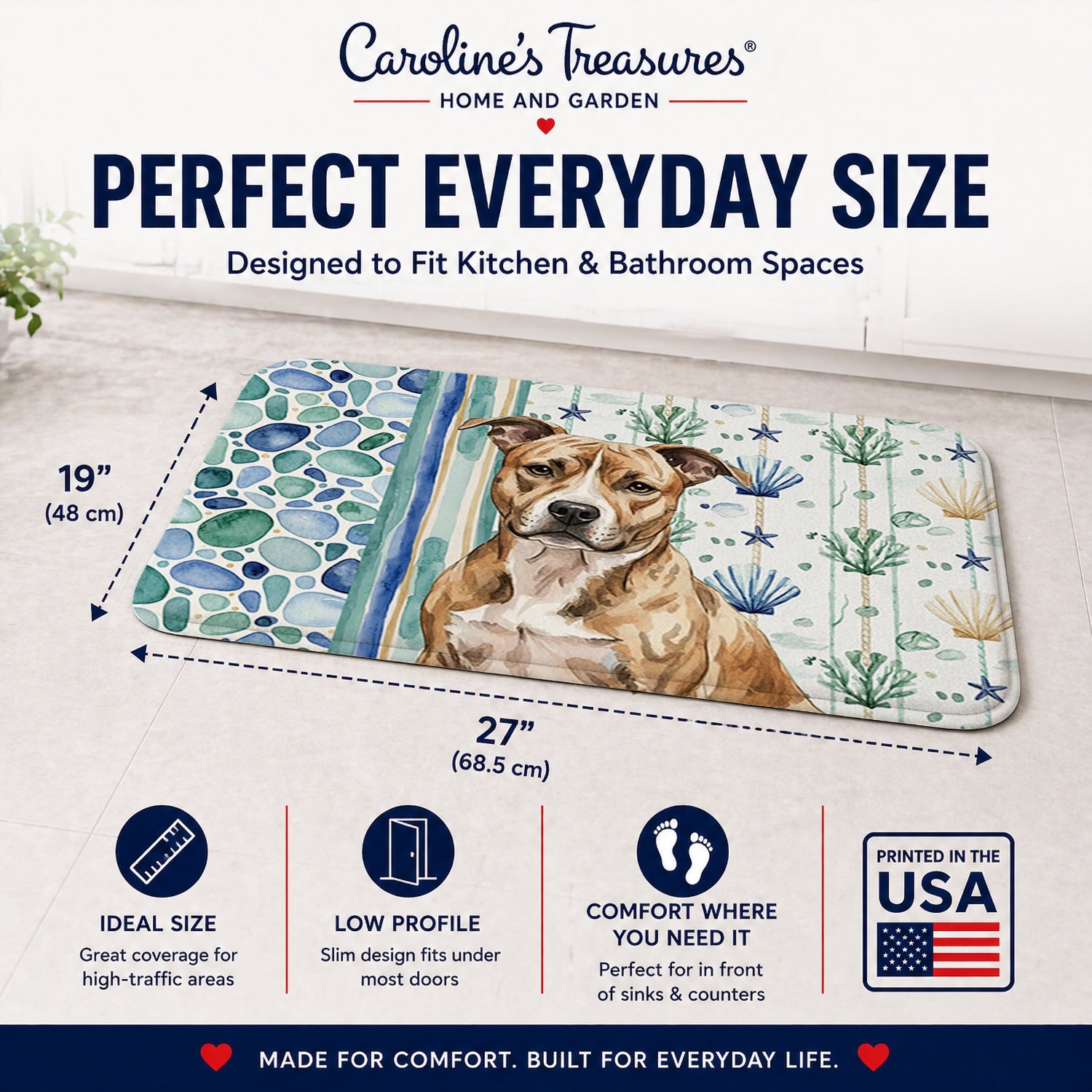 Brindle American Staffordshire Terrier Coastal Sea Glass Memory Foam Kitchen Mat Machine Washable Anti-Fatigue Cushion Comfort Bath or Kitchen Rug