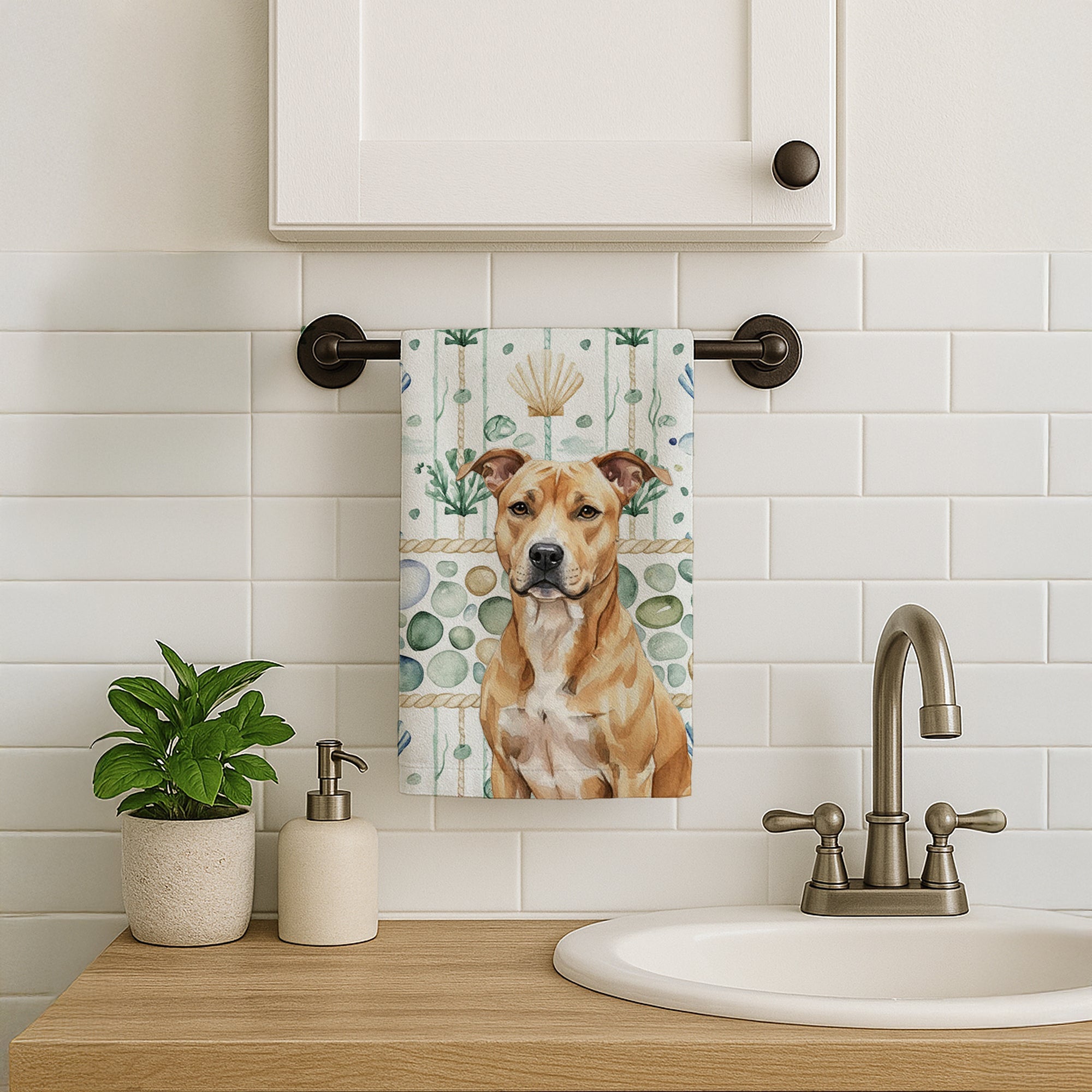 Fawn American Staffordshire Terrier Coastal Sea Glass Kitchen Towel Velour Plush Front and Cotton Loop Back Machine Washable