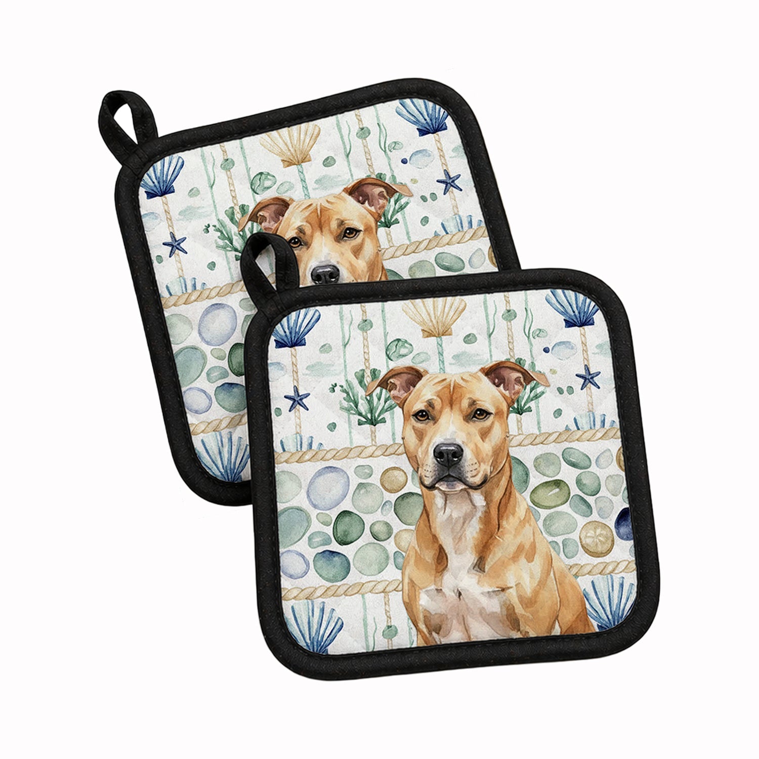 Fawn American Staffordshire Terrier Coastal Sea Glass Pot Holder Set of 2 Heat Resistant Quilted Hot Pads 7.5 x 7.5 Inch, Insulated Kitchen Trivets for Cooking & Baking