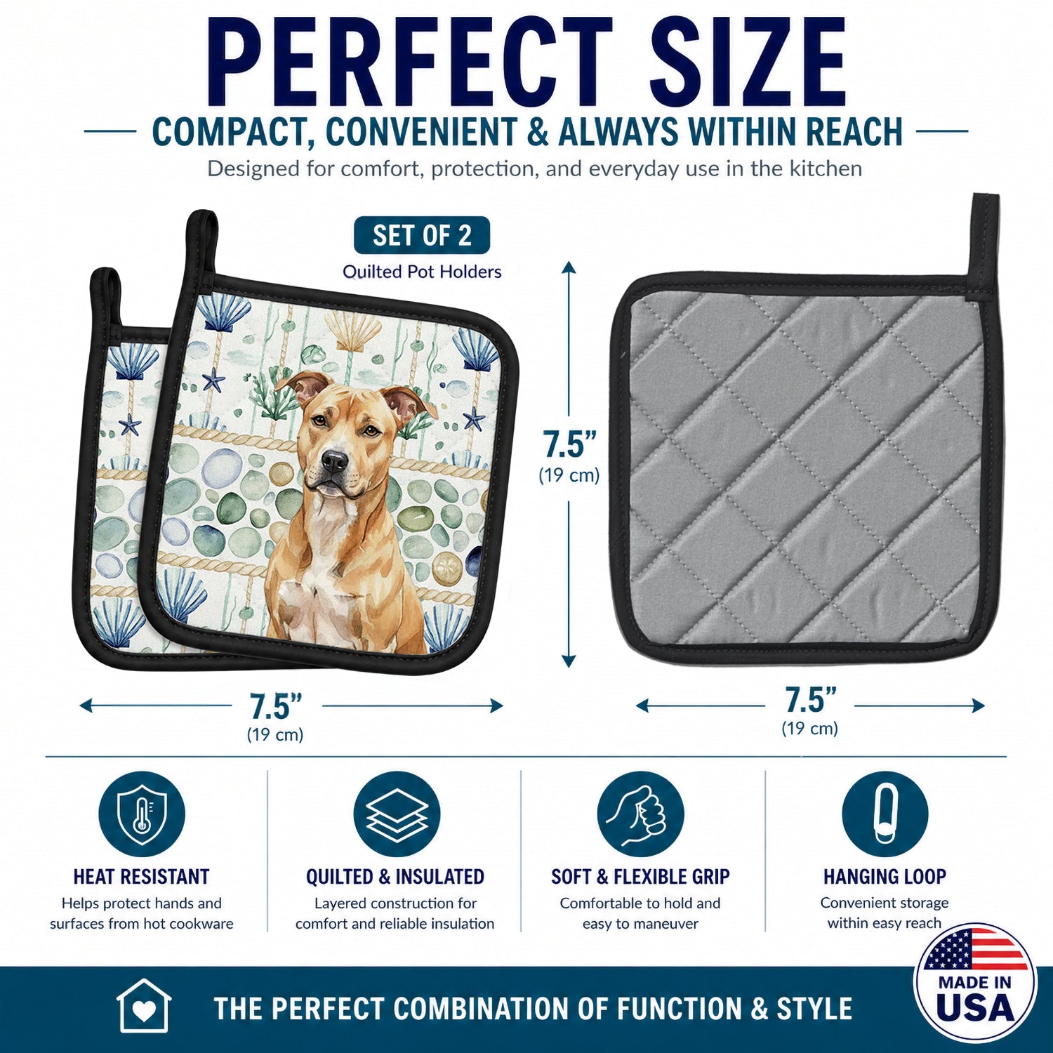 Fawn American Staffordshire Terrier Coastal Sea Glass Pot Holder Set of 2 Heat Resistant Quilted Hot Pads 7.5 x 7.5 Inch, Insulated Kitchen Trivets for Cooking & Baking