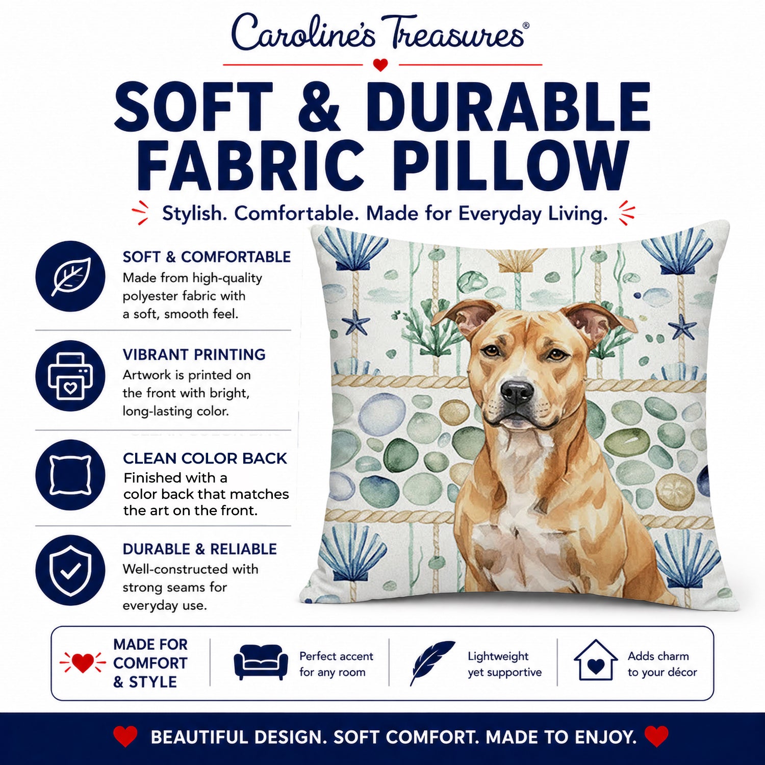 Fawn American Staffordshire Terrier Coastal Sea Glass Decorative Throw Pillow 18x18 Indoor Outdoor Accent Cushion, Fabric Cover with Insert for Sofa, Bed, Porch & Living Room